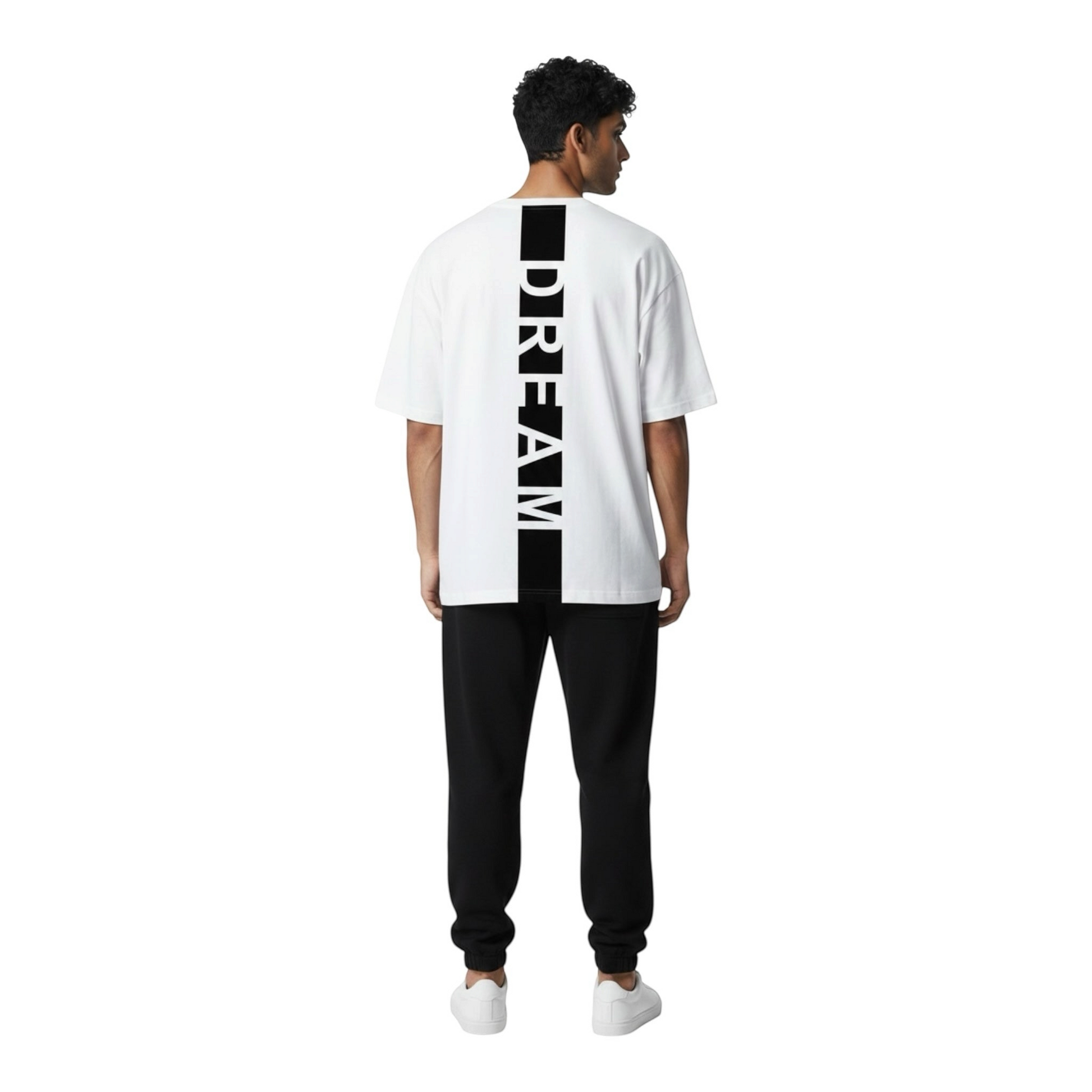 Model wearing Shamus & Co white oversized cotton t-shirt with vertical black DREAM graphic print on the back.