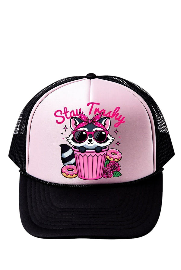 Shamus & Co pink and black trucker hat with a sassy raccoon graphic and "Stay Trashy" text. Features mesh back.