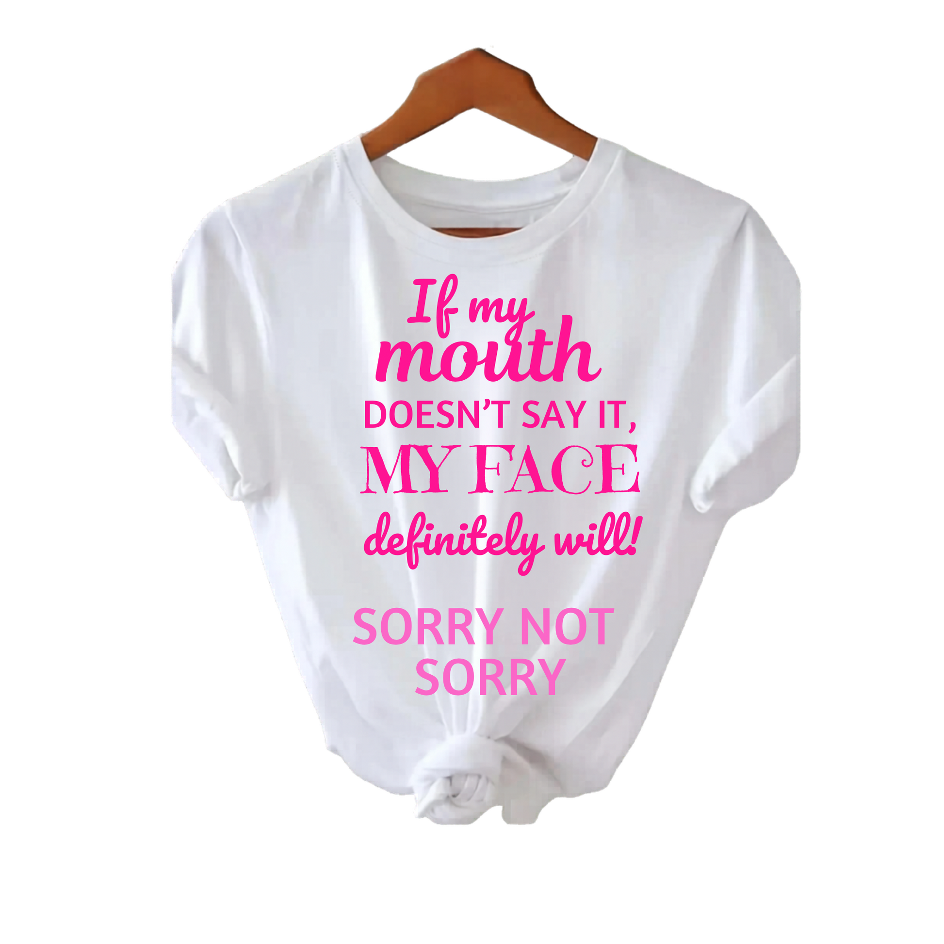 White t-shirt with pink text on a white background