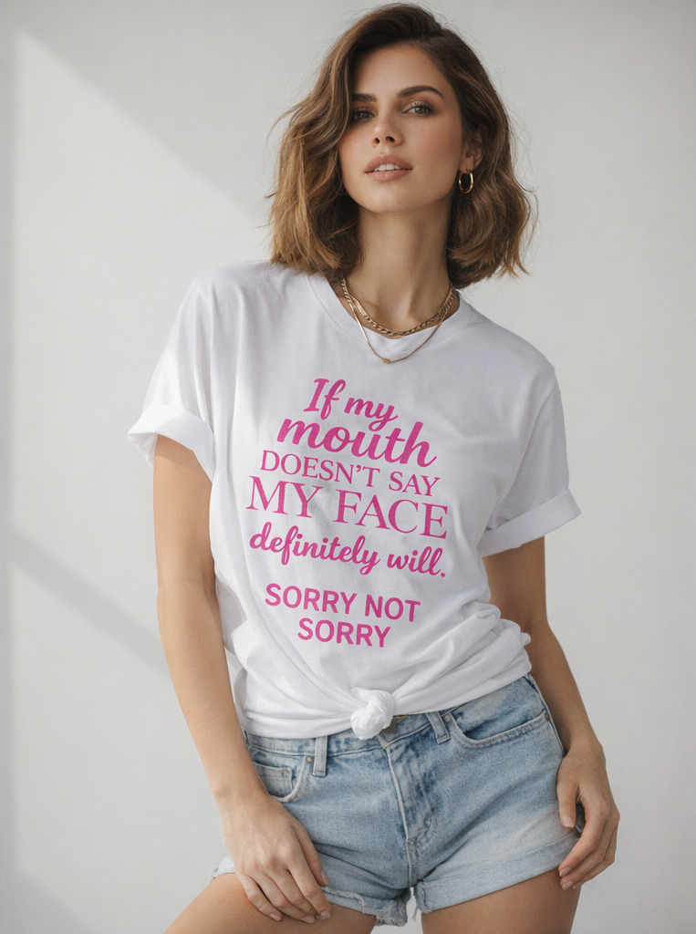 Woman wearing a white t-shirt with pink text, sitting on a couch.