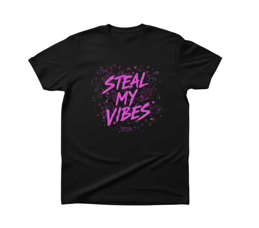 Pink 'Steal My Vibes' text with artistic elements on a white background