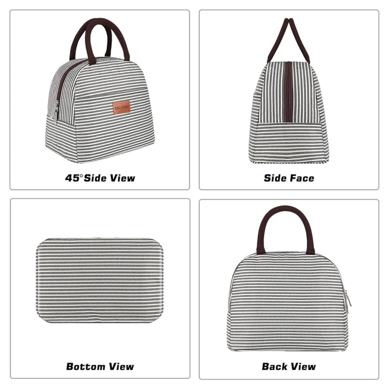 Product page with a striped bag shown from multiple angles on a white background.