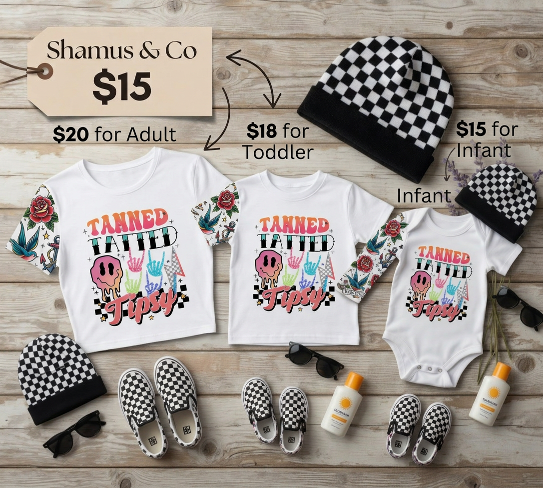 Baby and mommy matching tanned tatted tipsy tees by Shamus & Co, showcasing the coordinated mommy and baby T-shirt set.
