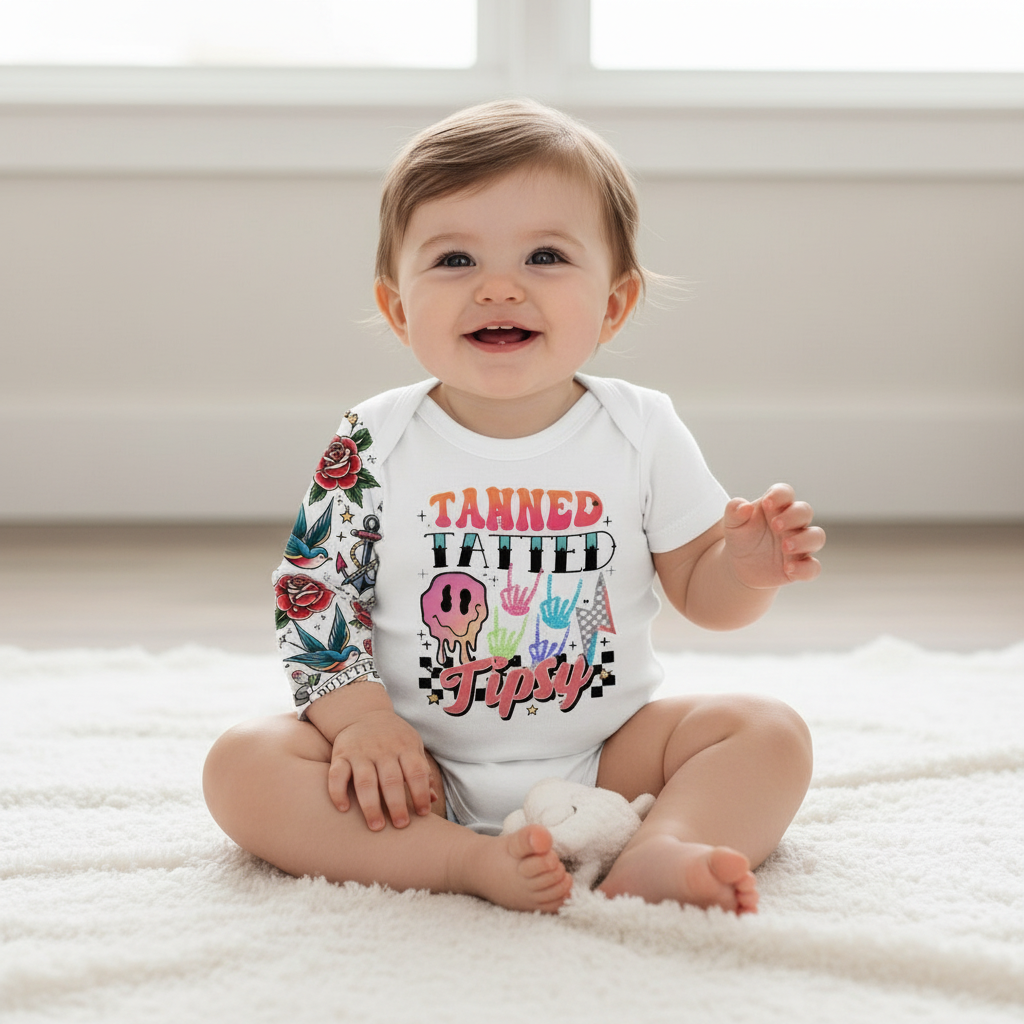 Baby wearing a colorful onesie with text and graphics, sitting on a white surface.