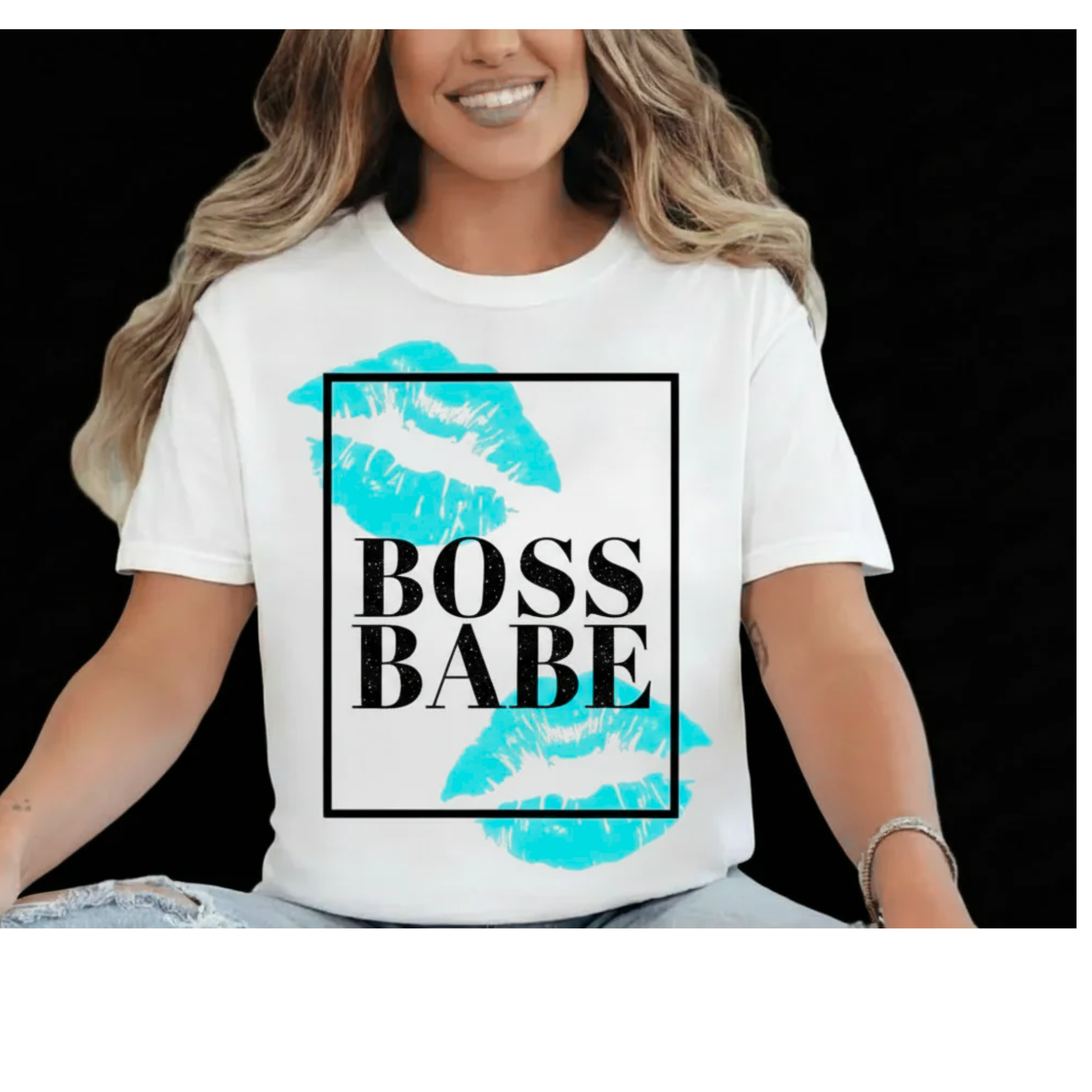 Teal adult T-shirt featuring the "Boss Babe Kisses" design by Shamus & Co, with a playful kiss graphic and bold lettering.